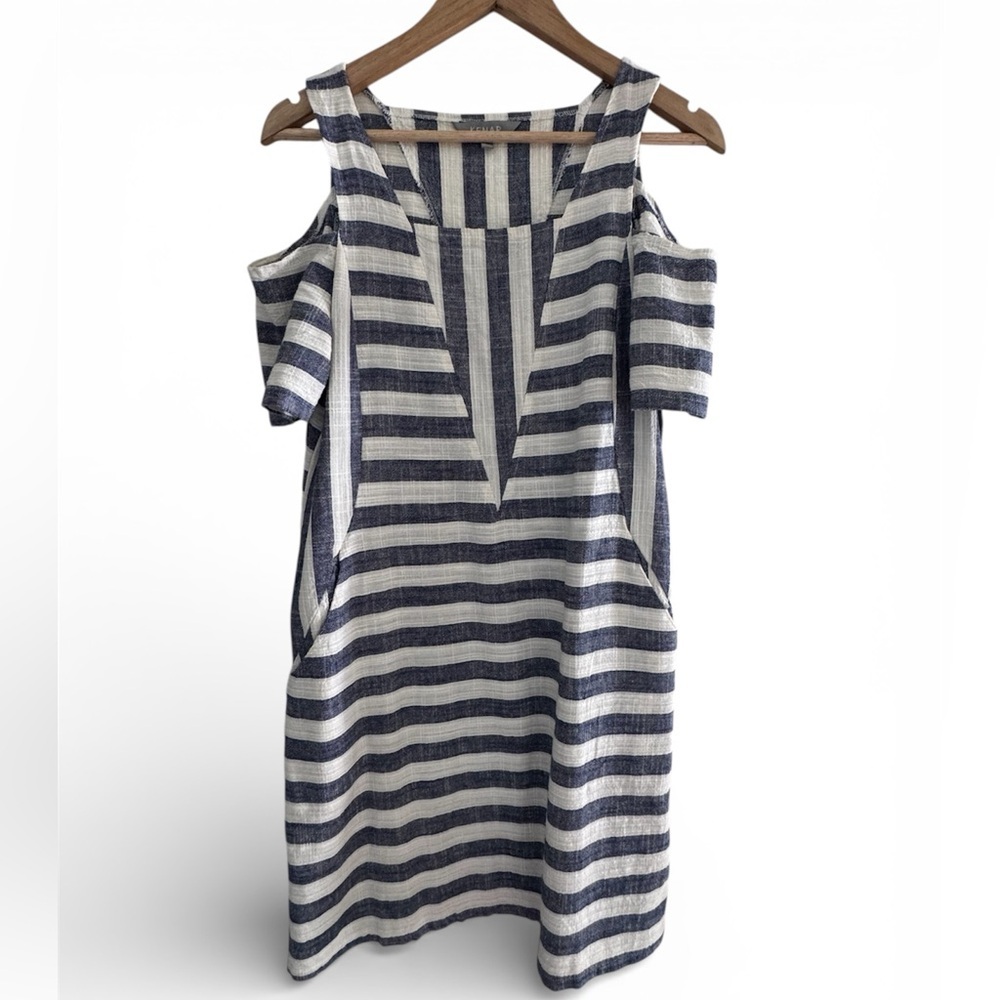 Kenar Linen Blend Striped Cold Shoulder Dress M Medium
